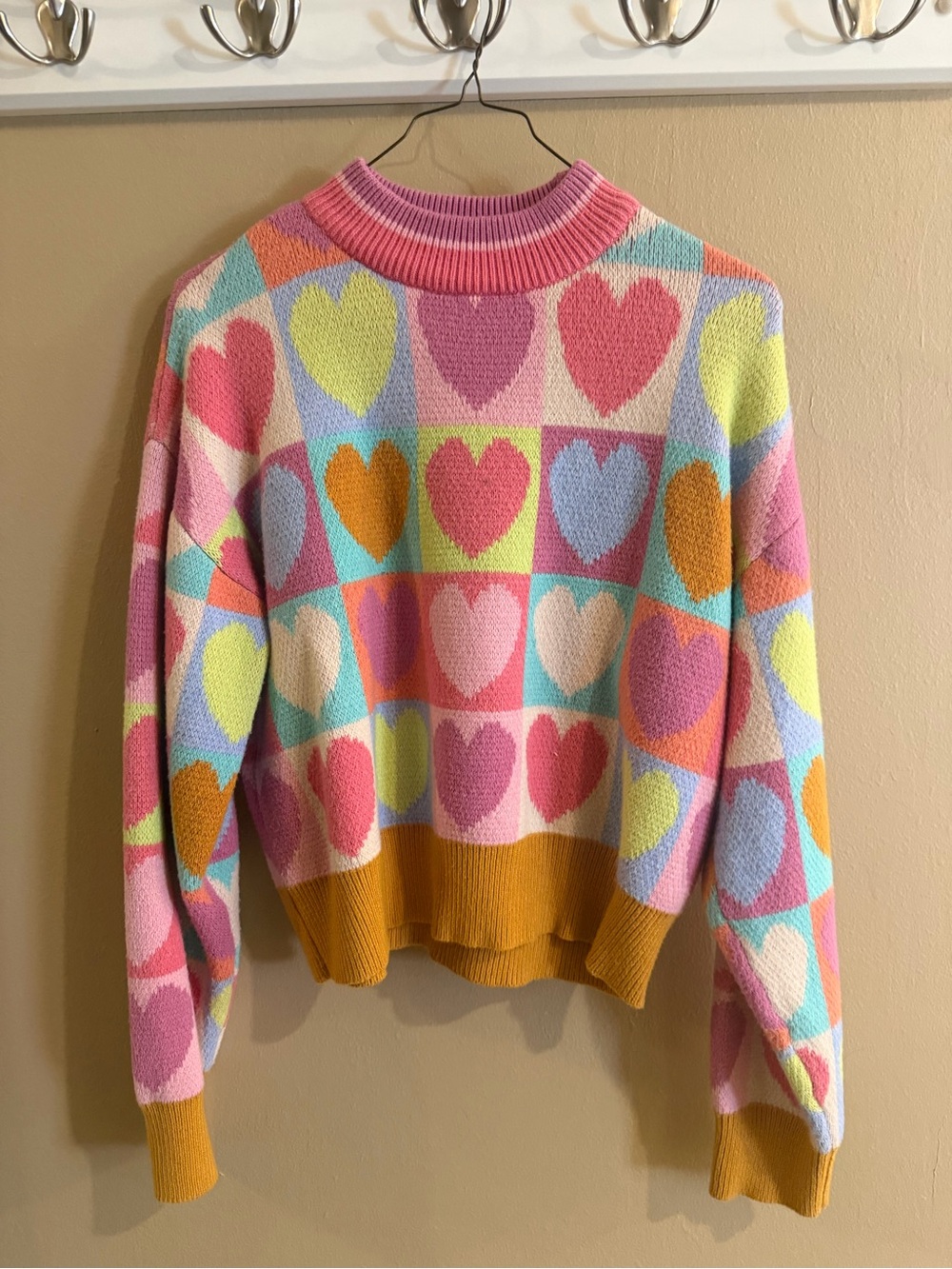 Pastel Heart Pattern Crewneck Sweater - Pink Multicolor